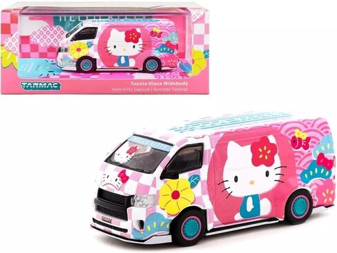 Hiace Widebody Van محرك اليد اليمنى وردي مع رسومات Hello Kitty Capsule Summer Festival Collab64 1/64 Diecast Model من Tarmac Works T64-038-HKSF in Kuwait