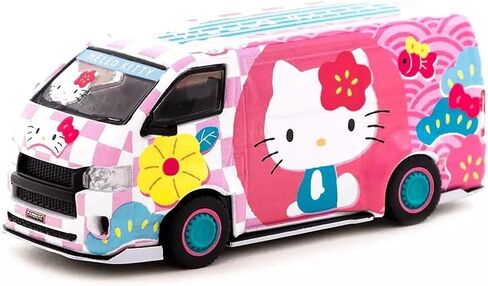 Hiace Widebody Van محرك اليد اليمنى وردي مع رسومات Hello Kitty Capsule Summer Festival Collab64 1/64 Diecast Model من Tarmac Works T64-038-HKSF in Kuwait