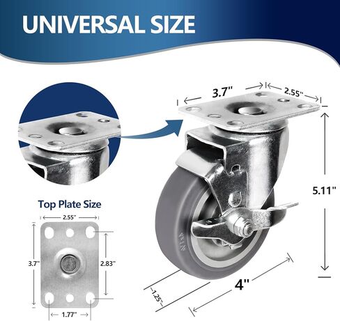 LIAOOCVOY 4" Caster Wheels, Heavy Duty Rubber Rigid Casters, Industrial Casters Set of 4 with Brake Wheels for Cart Furniture Workbench (2 Brakes & 2 Rigid) in Saudi Arabia