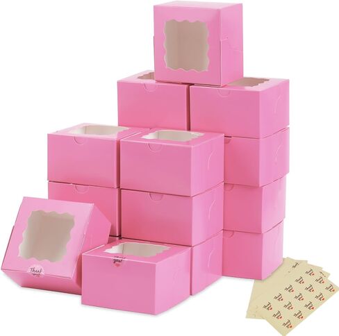 Moretoes 50pcs Cookie Boxes, 4x4x2.5in Pink Bakery Boxes with Window, Mini Cake Boxes, Dessert, Pastry, Small Treat Boxes in Saudi Arabia