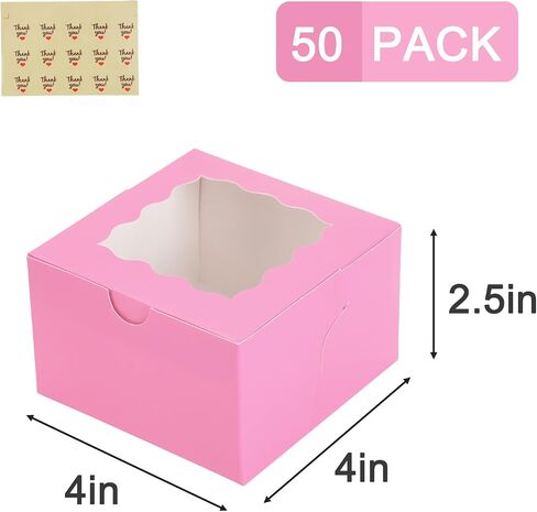 Moretoes 50pcs Cookie Boxes, 4x4x2.5in Pink Bakery Boxes with Window, Mini Cake Boxes, Dessert, Pastry, Small Treat Boxes in Saudi Arabia
