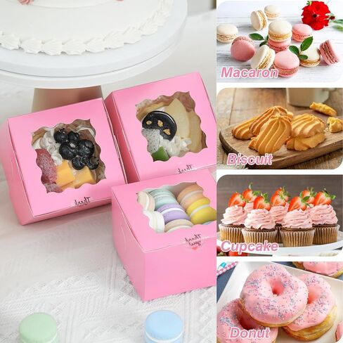 Moretoes 50pcs Cookie Boxes, 4x4x2.5in Pink Bakery Boxes with Window, Mini Cake Boxes, Dessert, Pastry, Small Treat Boxes in Saudi Arabia
