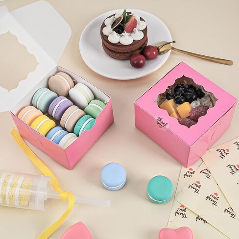 Moretoes 50pcs Cookie Boxes, 4x4x2.5in Pink Bakery Boxes with Window, Mini Cake Boxes, Dessert, Pastry, Small Treat Boxes in Saudi Arabia