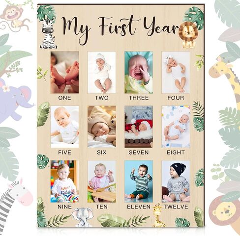 My First Year Photo Display Board Wooden Baby Picture Frame 12 Months Newborn Photo Board First Birthday Nursery Decorations Gifts for Boys My First Year Jungle Baby Keepsake Board for Boys Girls in Kuwait