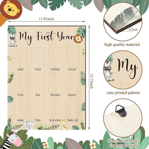 My First Year Photo Display Board Wooden Baby Picture Frame 12 Months Newborn Photo Board First Birthday Nursery Decorations Gifts for Boys My First Year Jungle Baby Keepsake Board for Boys Girls in Kuwait
