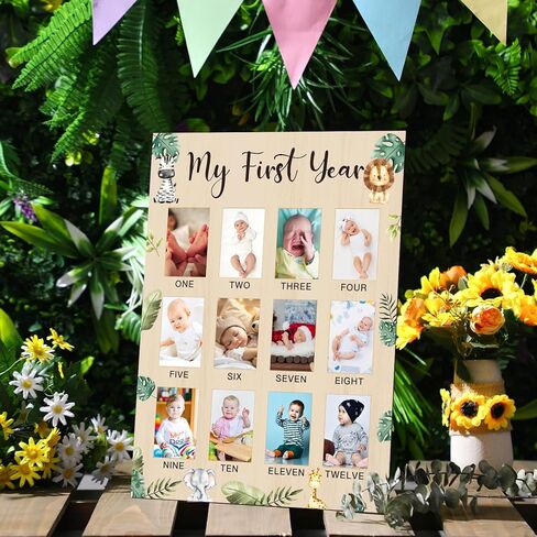 My First Year Photo Display Board Wooden Baby Picture Frame 12 Months Newborn Photo Board First Birthday Nursery Decorations Gifts for Boys My First Year Jungle Baby Keepsake Board for Boys Girls in Kuwait