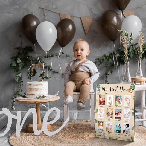 My First Year Photo Display Board Wooden Baby Picture Frame 12 Months Newborn Photo Board First Birthday Nursery Decorations Gifts for Boys My First Year Jungle Baby Keepsake Board for Boys Girls in Kuwait