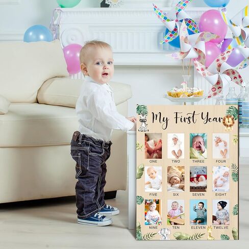 My First Year Photo Display Board Wooden Baby Picture Frame 12 Months Newborn Photo Board First Birthday Nursery Decorations Gifts for Boys My First Year Jungle Baby Keepsake Board for Boys Girls in Kuwait