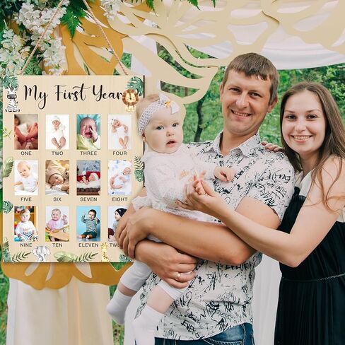 My First Year Photo Display Board Wooden Baby Picture Frame 12 Months Newborn Photo Board First Birthday Nursery Decorations Gifts for Boys My First Year Jungle Baby Keepsake Board for Boys Girls in Kuwait
