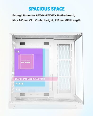 حافظة كمبيوتر SZD ATX، هيكل كمبيوتر ألعاب أبيض S590 مع زجاج مقسى غير ملحوم بزاوية 270 درجة، حافظة كمبيوتر برجية مزدوجة الغرف عالية تدفق الهواء لإدارة الكابلات، المراوح غير متضمنة in Saudi Arabia