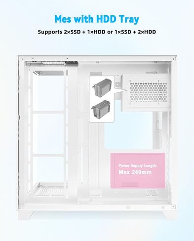 حافظة كمبيوتر SZD ATX، هيكل كمبيوتر ألعاب أبيض S590 مع زجاج مقسى غير ملحوم بزاوية 270 درجة، حافظة كمبيوتر برجية مزدوجة الغرف عالية تدفق الهواء لإدارة الكابلات، المراوح غير متضمنة in Saudi Arabia