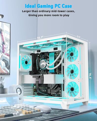 حافظة كمبيوتر SZD ATX، هيكل كمبيوتر ألعاب أبيض S590 مع زجاج مقسى غير ملحوم بزاوية 270 درجة، حافظة كمبيوتر برجية مزدوجة الغرف عالية تدفق الهواء لإدارة الكابلات، المراوح غير متضمنة in Saudi Arabia