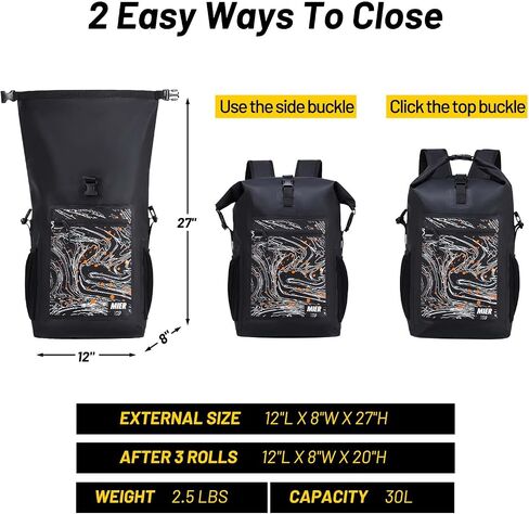 MIER Dry Backpack Waterproof Bag 30L Roll Top Floating Dry Sack with Inner Padded Pocket for Kayaking, Boating, Surfing, Fishing, Rafting, Swimming, Hiking, Black in Saudi Arabia