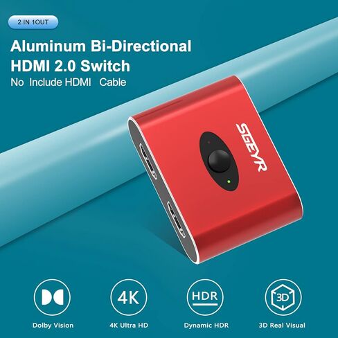 محول HDMI، مقسم HDMI 4K@60 هرتز، محول HDMI 2 في 1 خارج، مقسم محول HDMI، SGEYR ألومنيوم أحمر HDMI 2.0 مفتاح ثنائي الاتجاه، يدعم 3D، 4K، HDR، متوافق مع PS4/Xbox، DVD Fire Stick HDTV in Kuwait