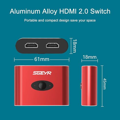 محول HDMI، مقسم HDMI 4K@60 هرتز، محول HDMI 2 في 1 خارج، مقسم محول HDMI، SGEYR ألومنيوم أحمر HDMI 2.0 مفتاح ثنائي الاتجاه، يدعم 3D، 4K، HDR، متوافق مع PS4/Xbox، DVD Fire Stick HDTV in Kuwait