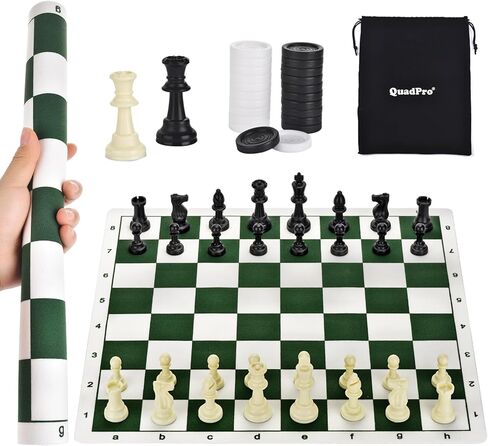 مجموعة QuadPro للشطرنج والداما المحمولة مقاس 20 بوصة، مجموعة ألعاب الشطرنج القابلة للطي للسفر 2 في 1 مع ملكتين إضافيتين وقطعتين إضافيتين من قطع الداما وحقيبة تخزين للأطفال والكبار in Kuwait