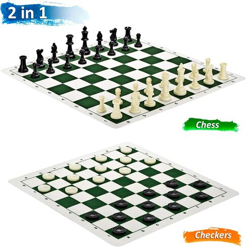مجموعة QuadPro للشطرنج والداما المحمولة مقاس 20 بوصة، مجموعة ألعاب الشطرنج القابلة للطي للسفر 2 في 1 مع ملكتين إضافيتين وقطعتين إضافيتين من قطع الداما وحقيبة تخزين للأطفال والكبار in Kuwait