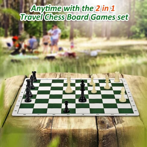 مجموعة QuadPro للشطرنج والداما المحمولة مقاس 20 بوصة، مجموعة ألعاب الشطرنج القابلة للطي للسفر 2 في 1 مع ملكتين إضافيتين وقطعتين إضافيتين من قطع الداما وحقيبة تخزين للأطفال والكبار in Kuwait