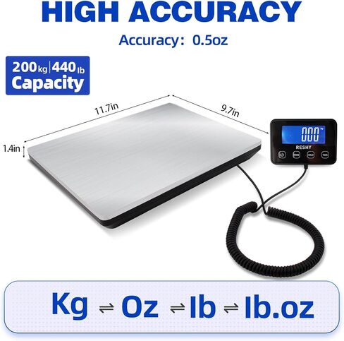 مقياس الشحن الرقمي RESHY، مقياس بريدي عالي الدقة 440 رطل × 0.5 أونصة للحزم مع وظيفة التعليق/الفارغة، مقياس البريد من الفولاذ المقاوم للصدأ، مقياس الحزمة للأعمال الصغيرة، مقياس الأمتعة على نطاق البريد in Kuwait