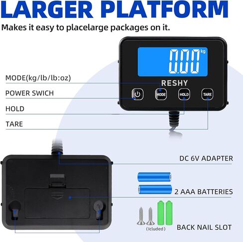 مقياس الشحن الرقمي RESHY، مقياس بريدي عالي الدقة 440 رطل × 0.5 أونصة للحزم مع وظيفة التعليق/الفارغة، مقياس البريد من الفولاذ المقاوم للصدأ، مقياس الحزمة للأعمال الصغيرة، مقياس الأمتعة على نطاق البريد in Kuwait