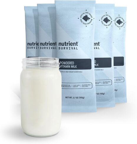 حليب مجفف بالفيتامين من شركة Nutrient Survival (5 حصص فردية) لوازم تحضير مجففة بالتجميد وإمدادات غذائية في حالات الطوارئ، 21 عنصرًا غذائيًا أساسيًا، خالي من الصويا والغلوتين، ثابت على الرف لمدة تصل إلى 15 عامًا in Kuwait