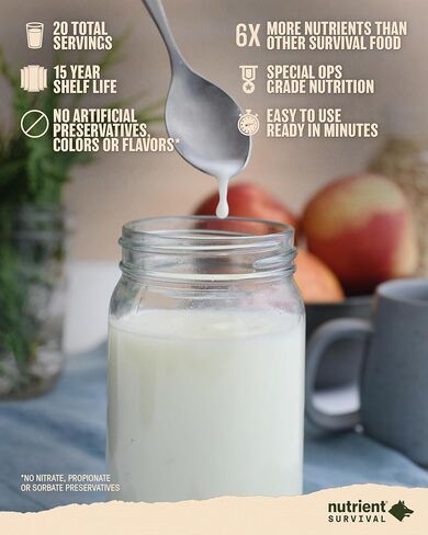 حليب مجفف بالفيتامين من شركة Nutrient Survival (5 حصص فردية) لوازم تحضير مجففة بالتجميد وإمدادات غذائية في حالات الطوارئ، 21 عنصرًا غذائيًا أساسيًا، خالي من الصويا والغلوتين، ثابت على الرف لمدة تصل إلى 15 عامًا in Kuwait