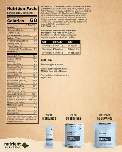 حليب مجفف بالفيتامين من شركة Nutrient Survival (5 حصص فردية) لوازم تحضير مجففة بالتجميد وإمدادات غذائية في حالات الطوارئ، 21 عنصرًا غذائيًا أساسيًا، خالي من الصويا والغلوتين، ثابت على الرف لمدة تصل إلى 15 عامًا in Kuwait