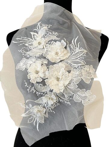 PEPPERLONELY 3D Beaded Flower Sew on Embroidered Lace Applique Wedding Dress Bride's Gown Headdress Adornment DIY Patch Clothing Accessories, 13.5 x 8.5 Inches, Pink in Kuwait
