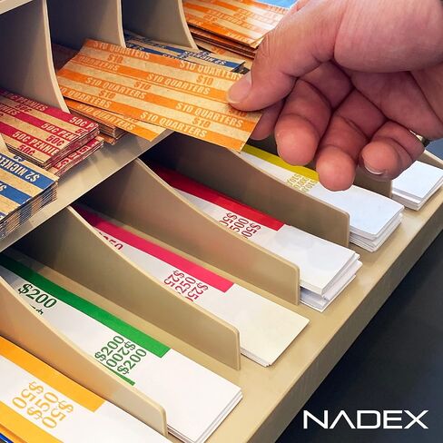 منظم أغلفة العملات المعدنية والنقود من Nadex - حزام فاتورة العملات المعدنية المكون من 12 حجرة وحامل أنابيب العملات المعدنية مع صينية المرافق - يتضمن 100 غلاف نقدي و100 أنبوب عملات معدنية (بيج) in Saudi Arabia