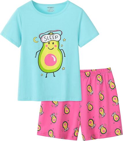 UNICABBIT21 Summer Pajamas for Girls Big Kids Cute Cartoon Soft Nighty Sleepwear 2-Piece Short Sleeve Set Size 6-16 in Saudi Arabia