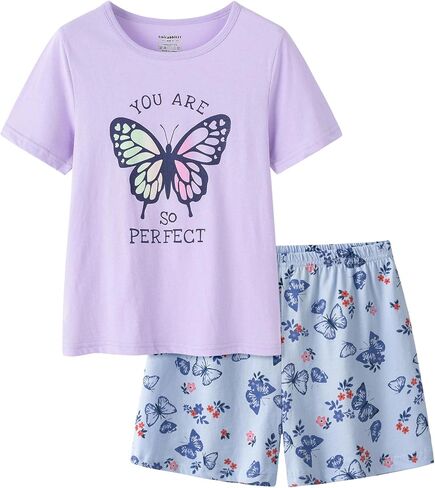 UNICABBIT21 Summer Pajamas for Girls Big Kids Cute Cartoon Soft Nighty Sleepwear 2-Piece Short Sleeve Set Size 6-16 in Saudi Arabia
