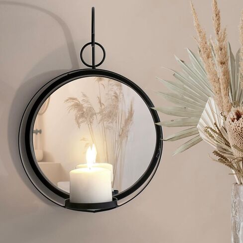 حامل شموع جداري بمرآة دائرية من Art Maison، ديكور جدار معدني معلق لغرفة المعيشة، شمعدان أسود لتزيين المنزل 9 بوصة × 14 بوصة، شمعدان مرآة in Kuwait