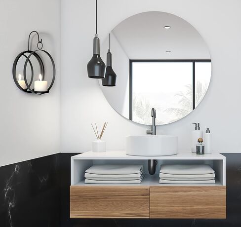 حامل شموع جداري بمرآة دائرية من Art Maison، ديكور جدار معدني معلق لغرفة المعيشة، شمعدان أسود لتزيين المنزل 9 بوصة × 14 بوصة، شمعدان مرآة in Kuwait