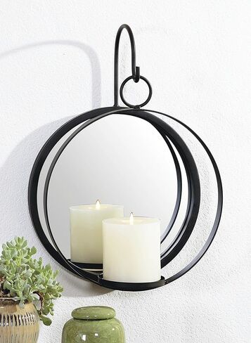 حامل شموع جداري بمرآة دائرية من Art Maison، ديكور جدار معدني معلق لغرفة المعيشة، شمعدان أسود لتزيين المنزل 9 بوصة × 14 بوصة، شمعدان مرآة in Kuwait