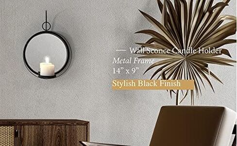 حامل شموع جداري بمرآة دائرية من Art Maison، ديكور جدار معدني معلق لغرفة المعيشة، شمعدان أسود لتزيين المنزل 9 بوصة × 14 بوصة، شمعدان مرآة in Kuwait