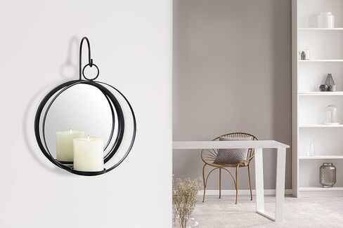 حامل شموع جداري بمرآة دائرية من Art Maison، ديكور جدار معدني معلق لغرفة المعيشة، شمعدان أسود لتزيين المنزل 9 بوصة × 14 بوصة، شمعدان مرآة in Kuwait