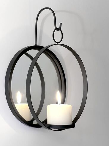 حامل شموع جداري بمرآة دائرية من Art Maison، ديكور جدار معدني معلق لغرفة المعيشة، شمعدان أسود لتزيين المنزل 9 بوصة × 14 بوصة، شمعدان مرآة in Kuwait