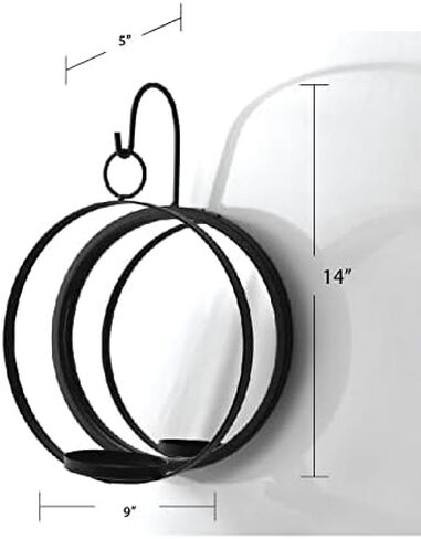 حامل شموع جداري بمرآة دائرية من Art Maison، ديكور جدار معدني معلق لغرفة المعيشة، شمعدان أسود لتزيين المنزل 9 بوصة × 14 بوصة، شمعدان مرآة in Kuwait