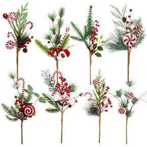 Egolot 8 PCS 13 Inch Christmas Candy Cane Picks with Frosted Pine for Wreaths Christmas Tree, Xmas Picks with Xmas Balls for Indoor Outdoor, Red White Stems for Centerpieces Wreath DIY in Saudi Arabia