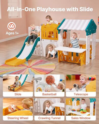 مسرح فيفور خارجي، ملعب للأطفال متعدد الاستخدامات مع منزلق، كرة سلة، تلسكوب، عجلة قيادة، نفق زحف، نافذة مبيعات، مجموعة لعب للأطفال بعمر 1+، هيكل لعب مفتوح، بلاستيك HDPE in Kuwait