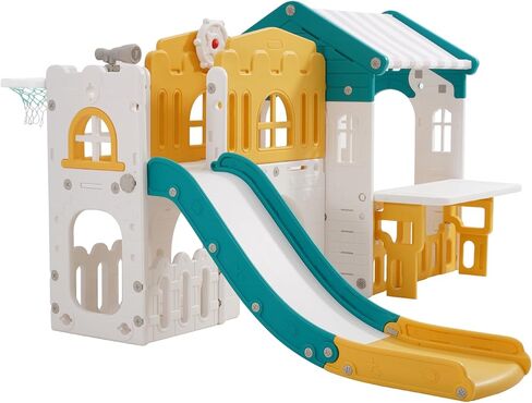 مسرح فيفور خارجي، ملعب للأطفال متعدد الاستخدامات مع منزلق، كرة سلة، تلسكوب، عجلة قيادة، نفق زحف، نافذة مبيعات، مجموعة لعب للأطفال بعمر 1+، هيكل لعب مفتوح، بلاستيك HDPE in Kuwait