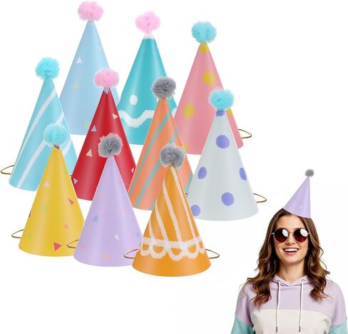 10 PCS Birthday Party Hats for Kids Adults, Colorful Cone Hat Decorations with Pom Poms for Toddler Girls Boys Baby Shower, Fun Party, Photo Props, Memorable Celebrations in Saudi Arabia