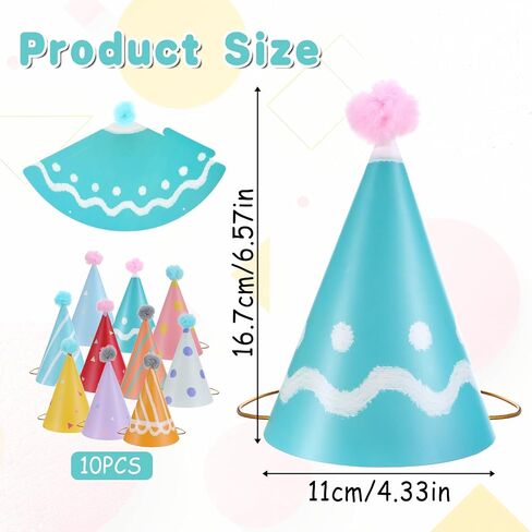 10 PCS Birthday Party Hats for Kids Adults, Colorful Cone Hat Decorations with Pom Poms for Toddler Girls Boys Baby Shower, Fun Party, Photo Props, Memorable Celebrations in Saudi Arabia
