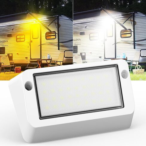 Aluminum RV LED Porch Light- Dual Color Switchable White & Amber, 1400LM Bright Outdoor Light, IP67 Waterproof 12-30V DC, for Campers, Trailers, Motorhomes (White Housing)- 1 Pack in Kuwait