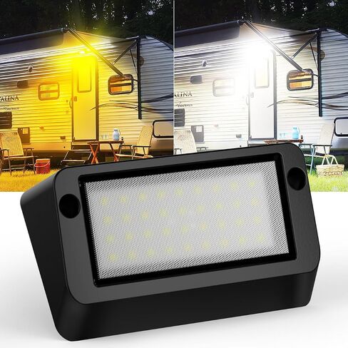 Aluminum RV LED Porch Light- Dual Color Switchable White & Amber, 1400LM Bright Outdoor Light, IP67 Waterproof 12-30V DC, for Campers, Trailers, Motorhomes (White Housing)- 1 Pack in Kuwait