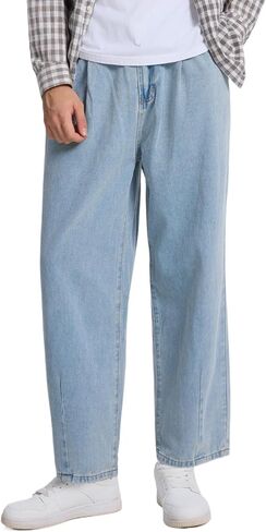 Baggy Jeans for Men Pleated Wide Leg Elastic Waist Denim Pants Y2K Streetwear in Saudi Arabia