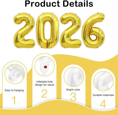 2026 Balloons, 2026 Number Balloons, 2026 Gold Balloon, Foil Happy New Year Balloon for New Year Eve Party Supplies 2026 Graduation Decorations Anniversary Birthday Home Office Decorations, 16 Inch in Saudi Arabia