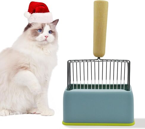 MUYG Cat Litter Scoop with Holder,Metal Cat Scooper for Litter Box with Wooden Handle,Kitty Litter Scoop with Durable Washable Base Stand Heavy Duty Cat Litter Box Scooper for Easy Fast Sifting（Grey） in Saudi Arabia