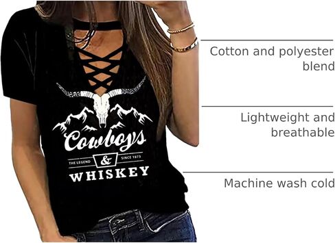 Cowboy Whiskey Criss-Cross Hollow Out T-Shirt Women Western Country Music Shirt Vintage Cowgril Short Sleeve Tops in Kuwait