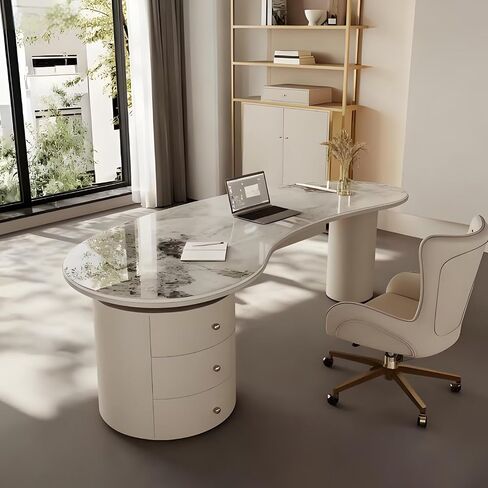 Office Desk Set with Storage, Glossy Stone Surface, 71 inch Curved Computer Desk & Chair Includes 3 Drawers, Leather-Wrapped Table Legs, for Salon/Home in Saudi Arabia